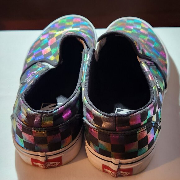 Vans canvas slip ons womans sz 11 mens sz 9 black & rainbow checkered EUC - Picture 2 of 4